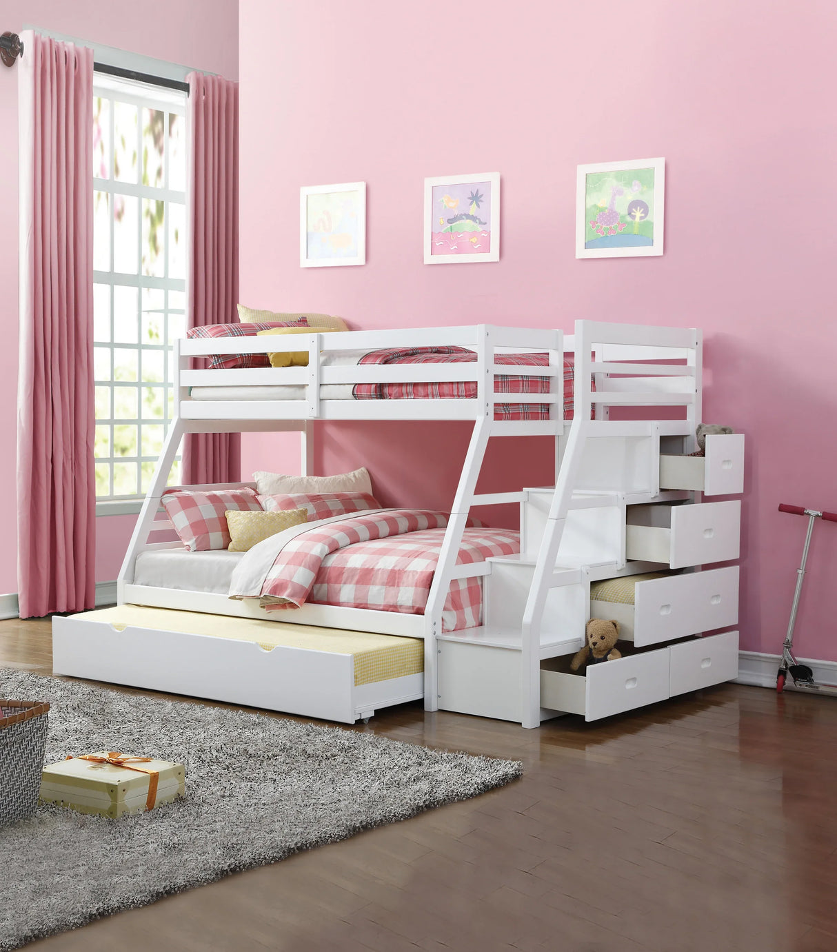 Twin Full White Synthetic Wood Bunk Bed With Trundle Storage - Omega Lifestyles
