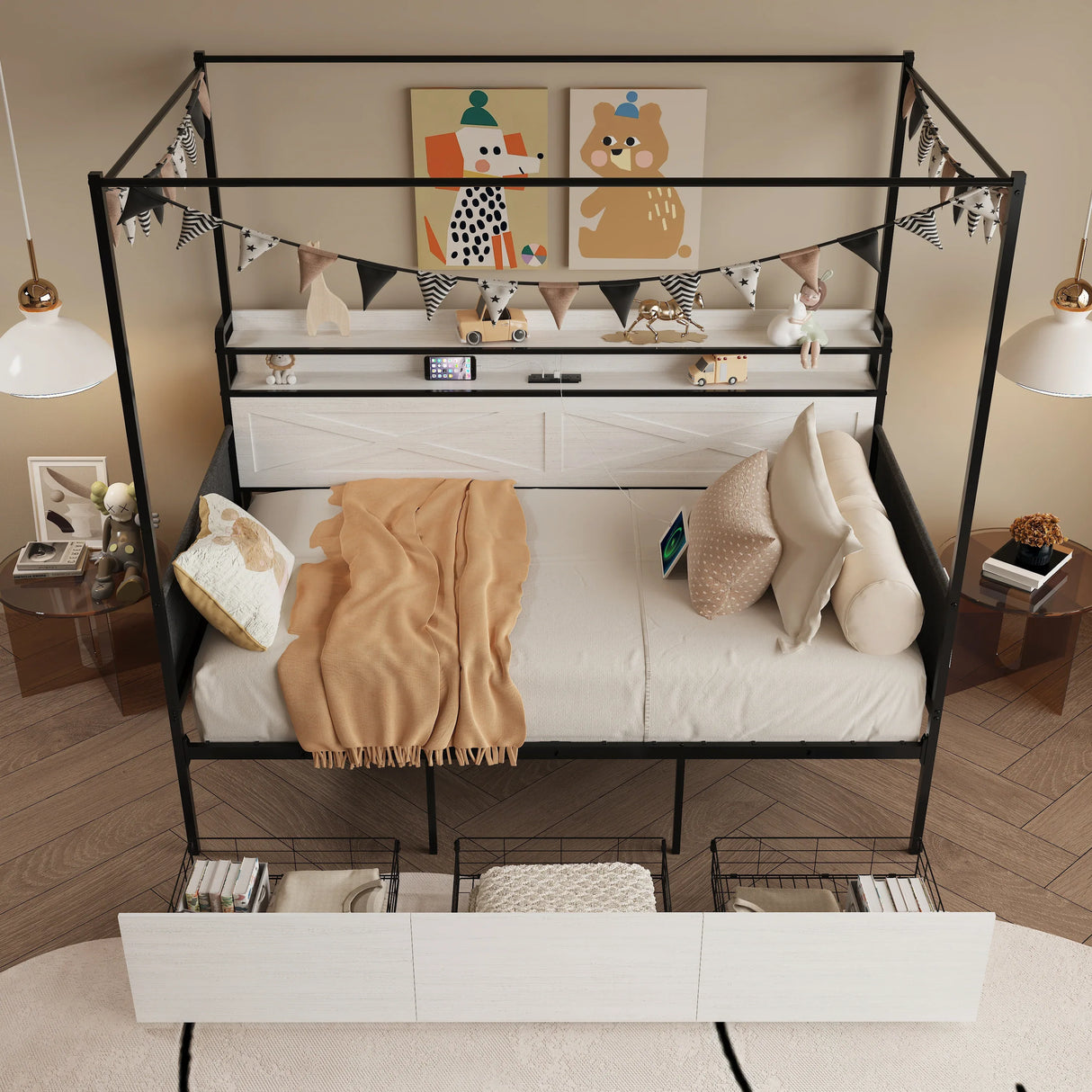 Twin Daybed Frame With 3 Storage Drawers LED Charging Station - Omega Lifestyles