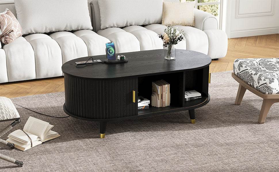 Mid-Century Modern Black Fluted Coffee Table With Charging Station - Sleep Galleria