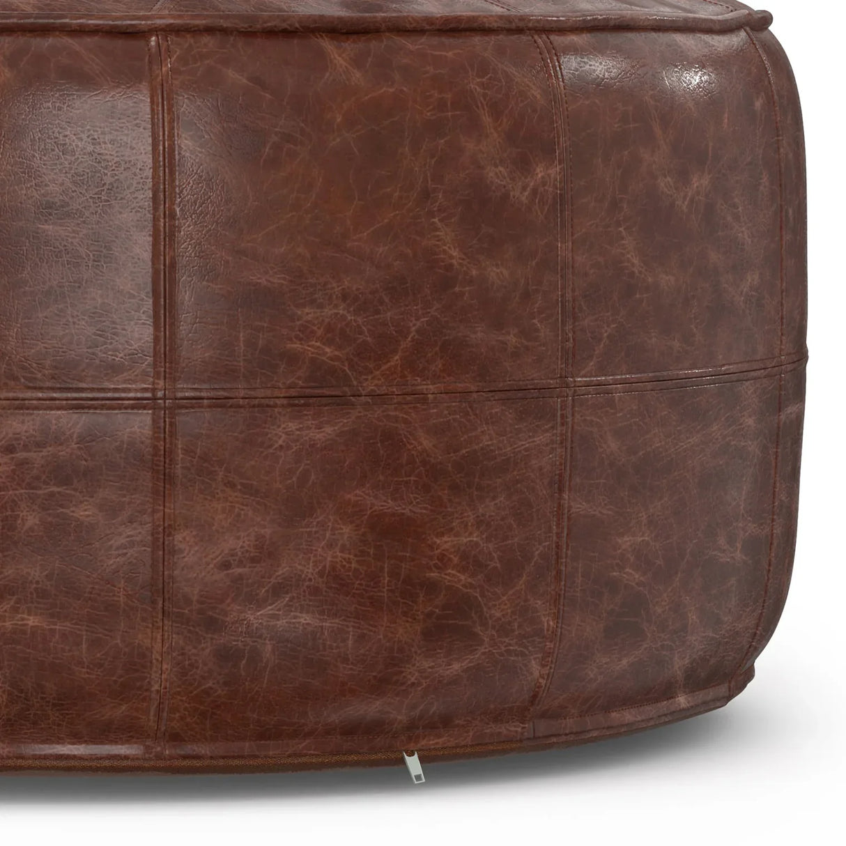 Distressed Brown Genuine Buffalo Leather Round Pouf - Omega Lifestyles