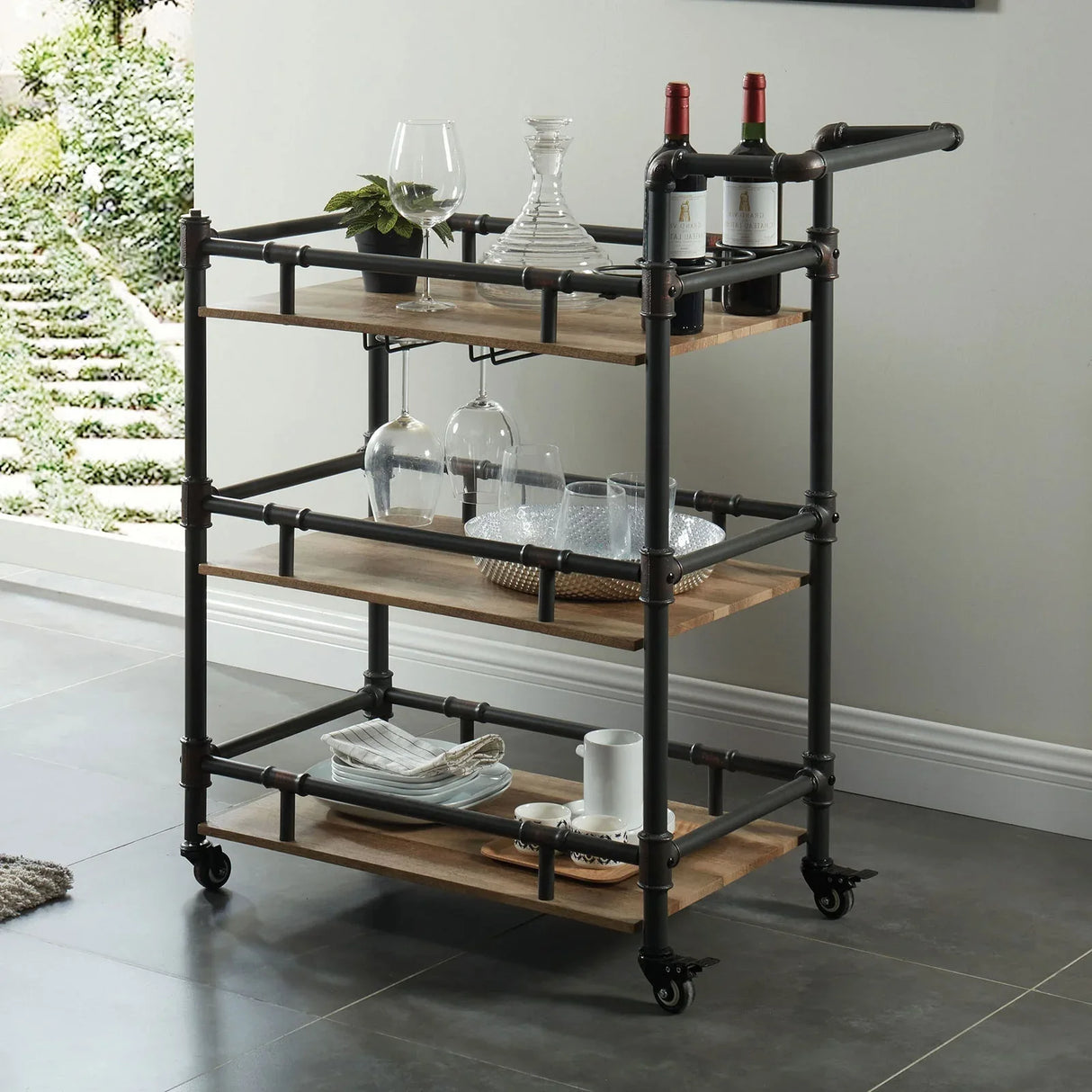 Industrial Style Metal Frame 3-Tier Oak Serving Cart - Omega Lifestyles