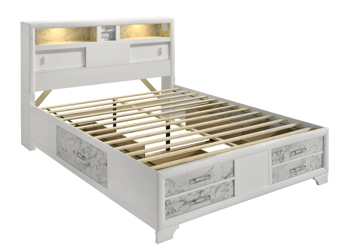 Modern White Acacia Wood Full Bed Frame With Storage - Omega Lifestyles