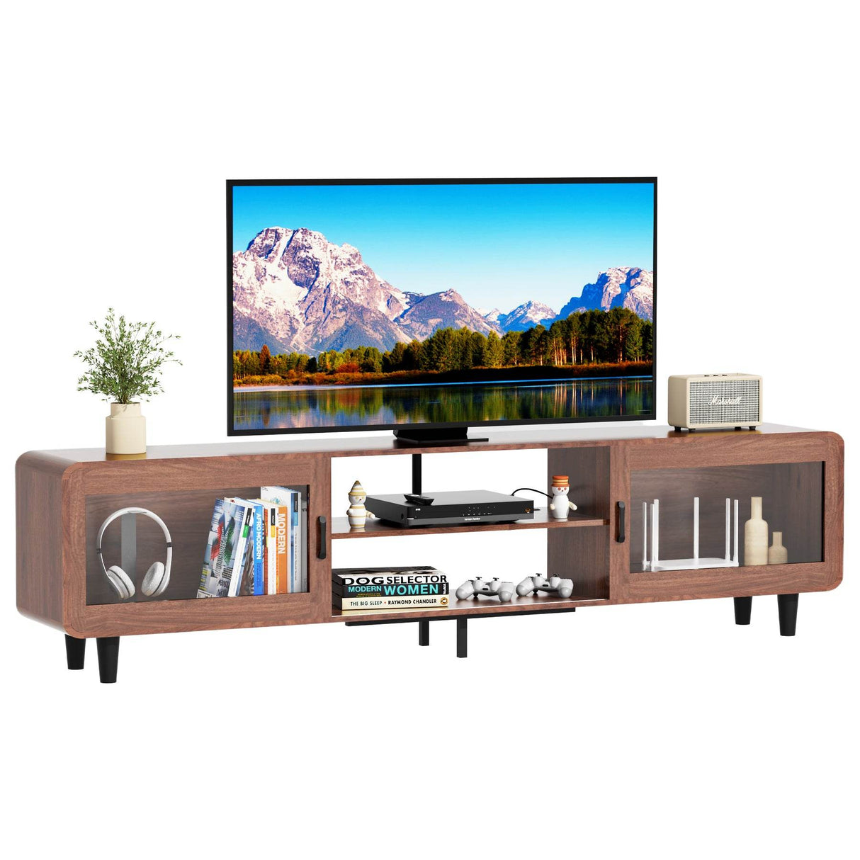 Mid Century Modern Walnut Wood TV Stand With Charging Station - Sleep Galleria