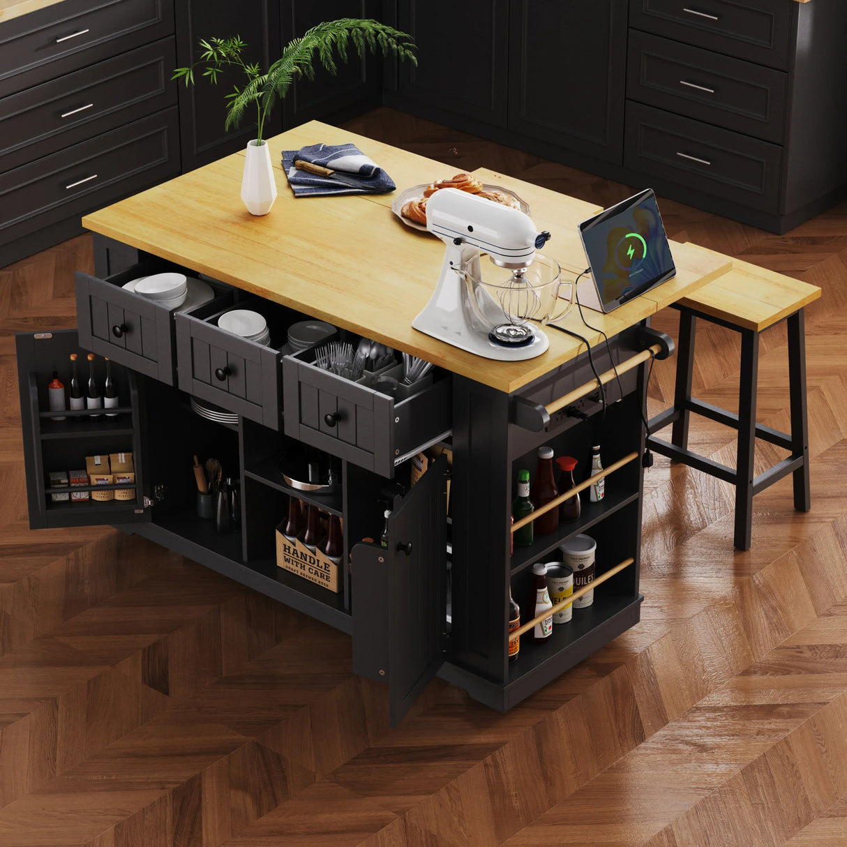 Large Kitchen Island Cart With Drop Leaf And Power Outlet - Omega Lifestyles
