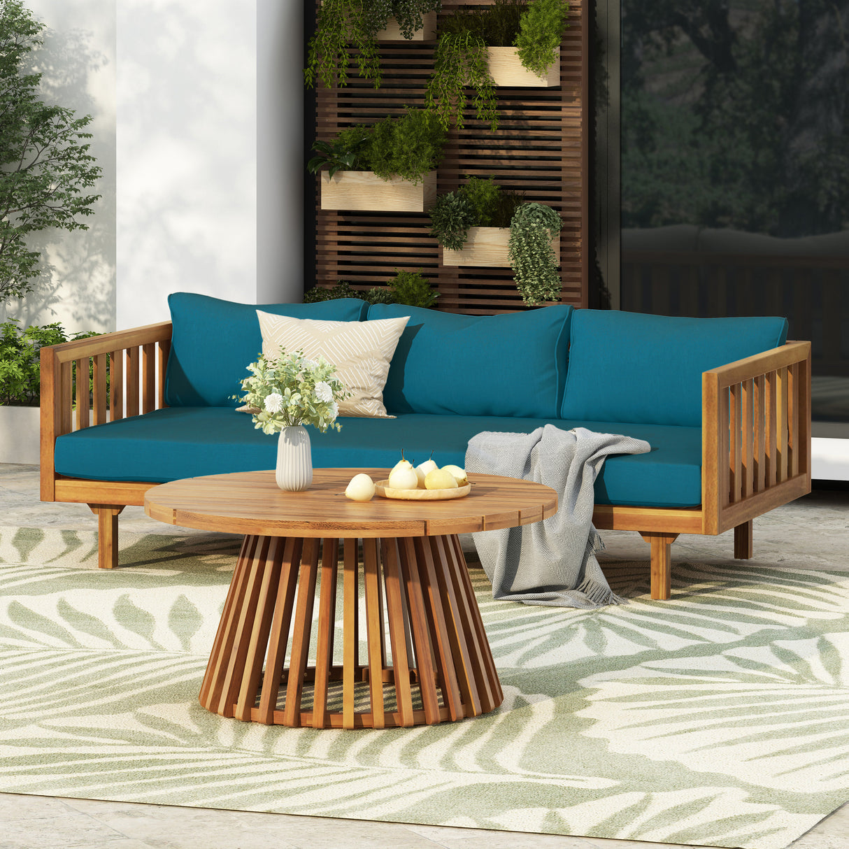 Acacia Wood Outdoor Daybed And Round Coffee Table Set