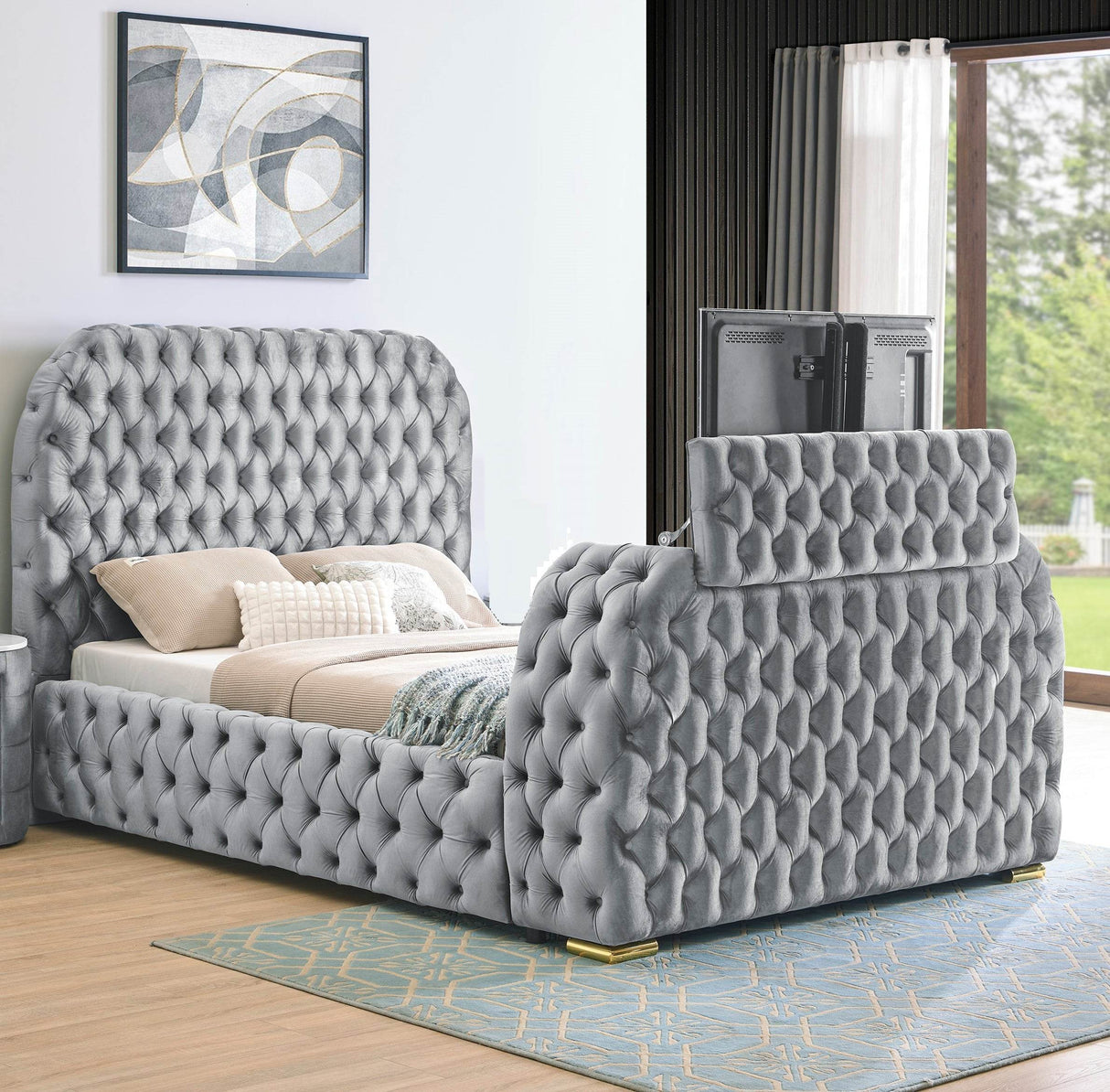 Ultra-Modern Gray Velvet King Bed With Fireplace