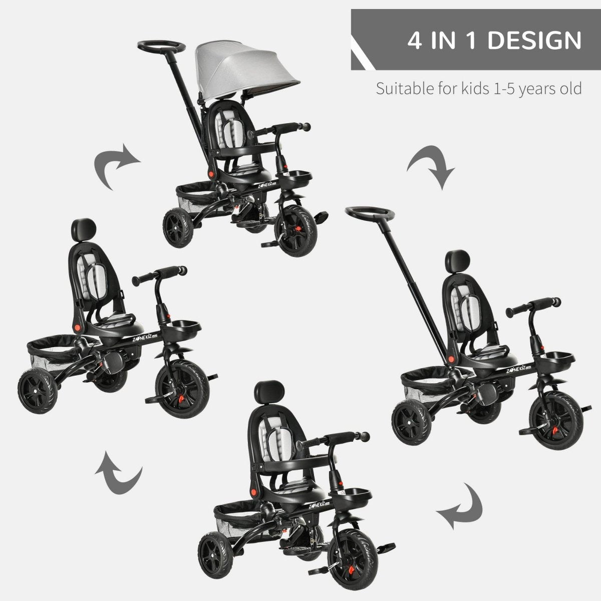 4 - In - 1 Adjustable Grey Baby Tricycle With Safety Features - Dreamtide - Omega Lifestyles