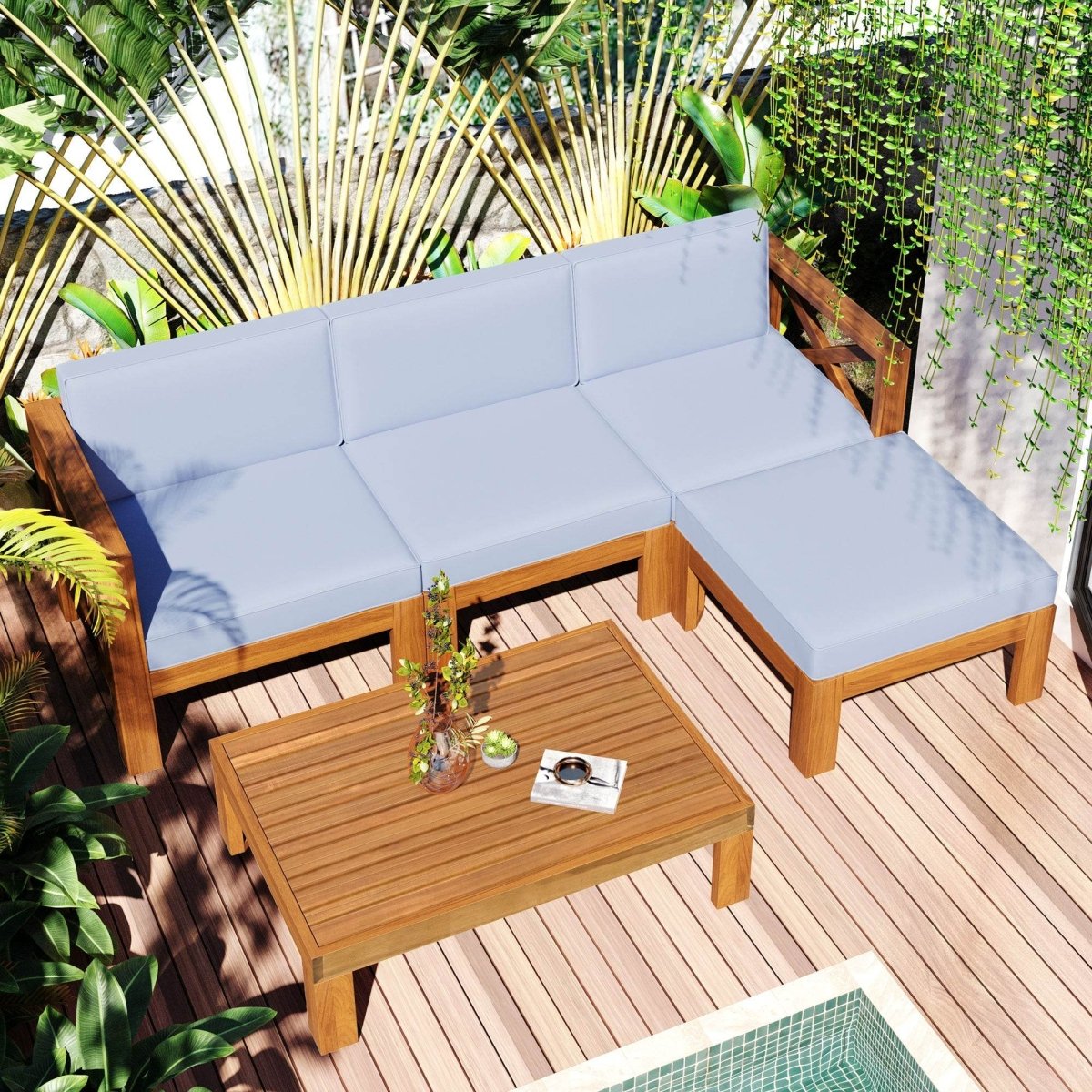 5-Piece Outdoor Acacia Wood Sectional Patio Sofa Set - Sleep Galleria