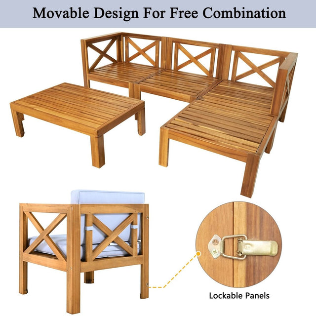 5-Piece Outdoor Acacia Wood Sectional Patio Sofa Set - Omega Lifestyles