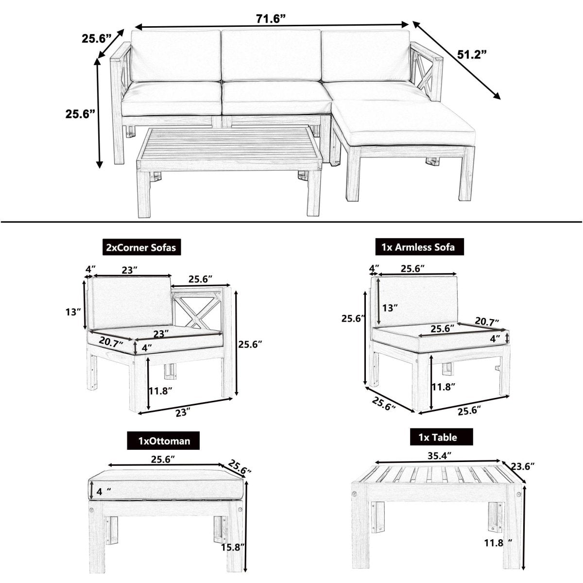 5-Piece Outdoor Acacia Wood Sectional Patio Sofa Set - Sleep Galleria