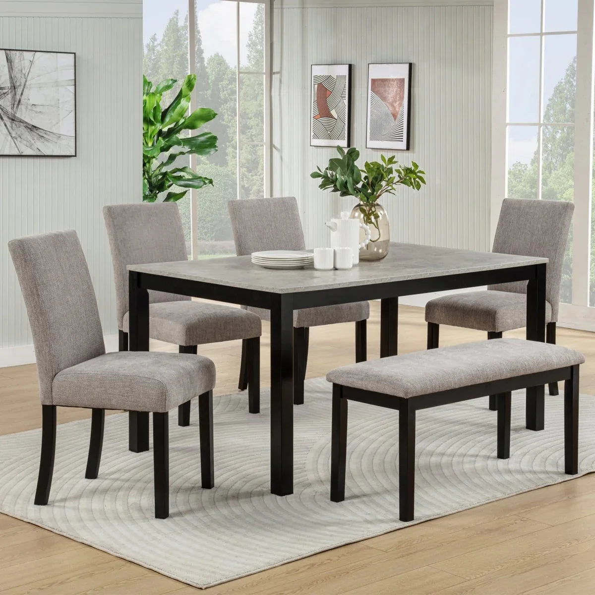 6-Piece Rubberwood Dining Table Set with Bench and Chairs - Omega Lifestyles