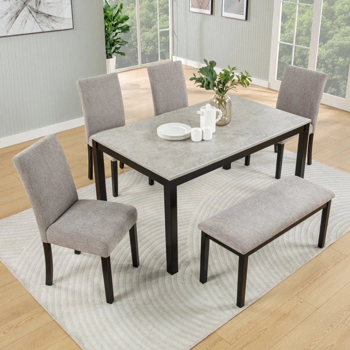 6-Piece Rubberwood Dining Table Set with Bench and Chairs - Omega Lifestyles