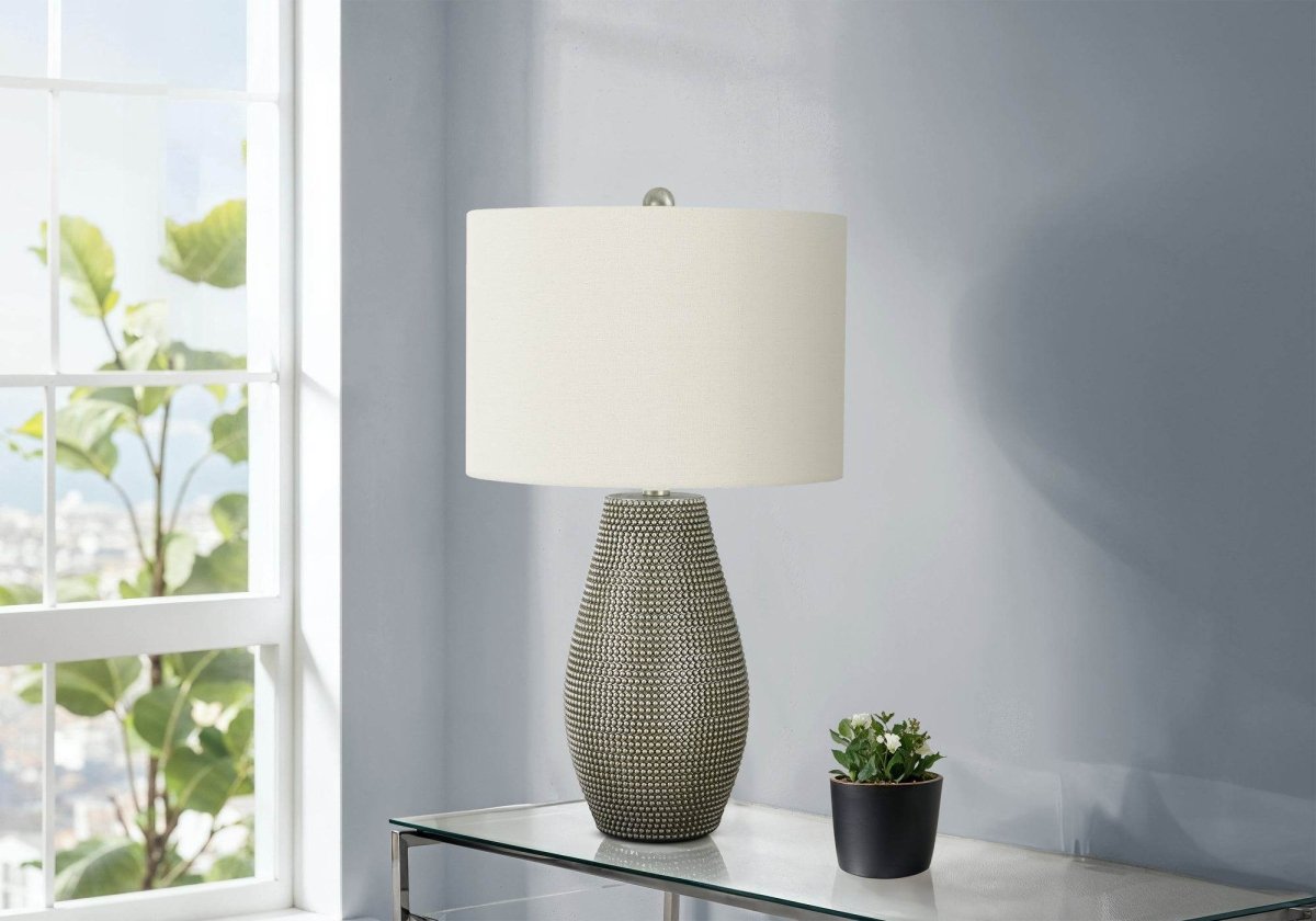 Contemporary Grey Resin Table Lamp With Ivory Shade - Sleep Galleria