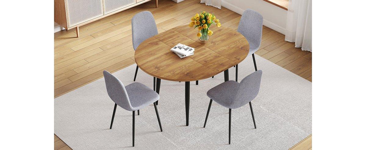 Extendable Round MDF Dining Table With Linen Cotton Chairs Set - Omega Lifestyles