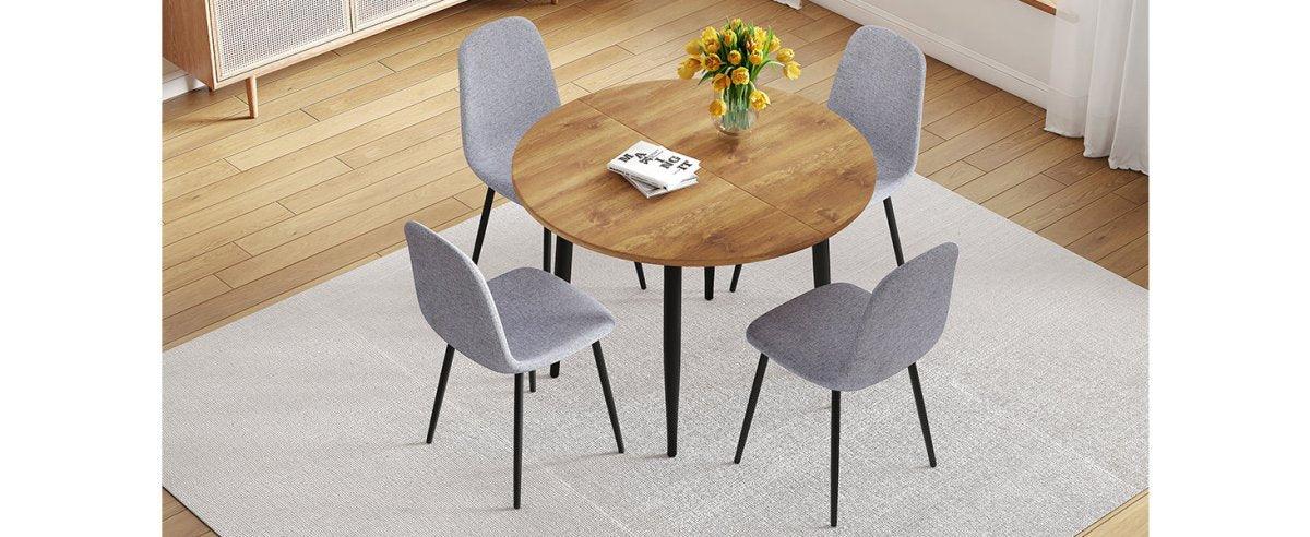 Extendable Round MDF Dining Table With Linen Cotton Chairs Set - Omega Lifestyles