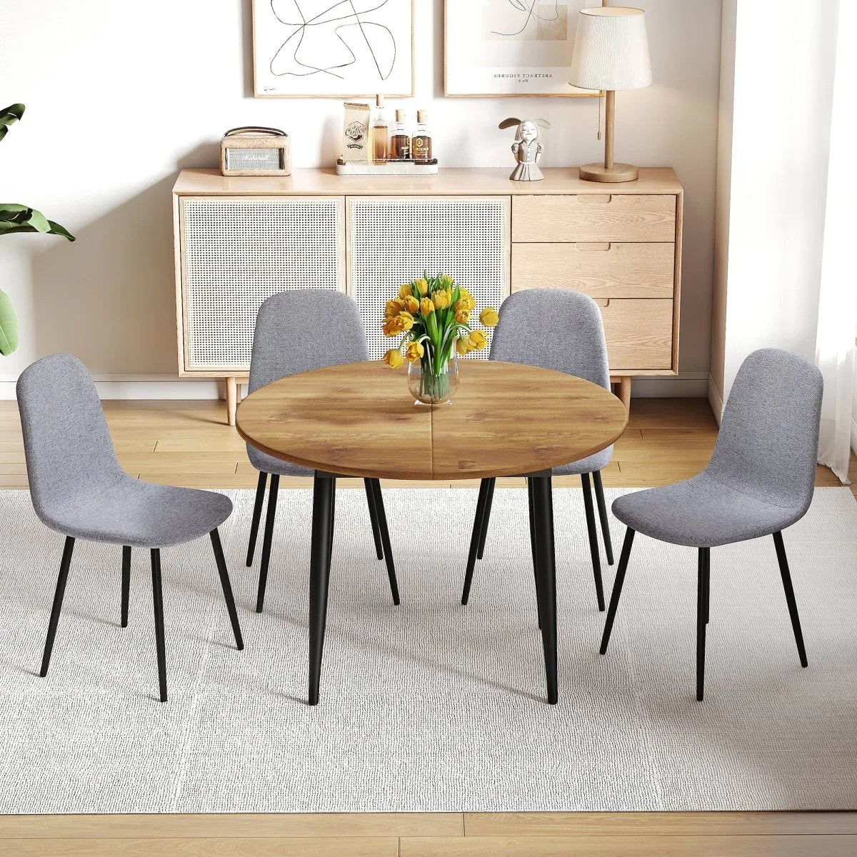 Extendable Round MDF Dining Table With Linen Cotton Chairs Set - Omega Lifestyles