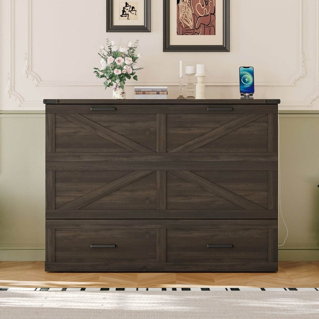 Full Full-Size Farmhouse Murphy Cabinet Bed With Charging Station - Omega Lifestyles