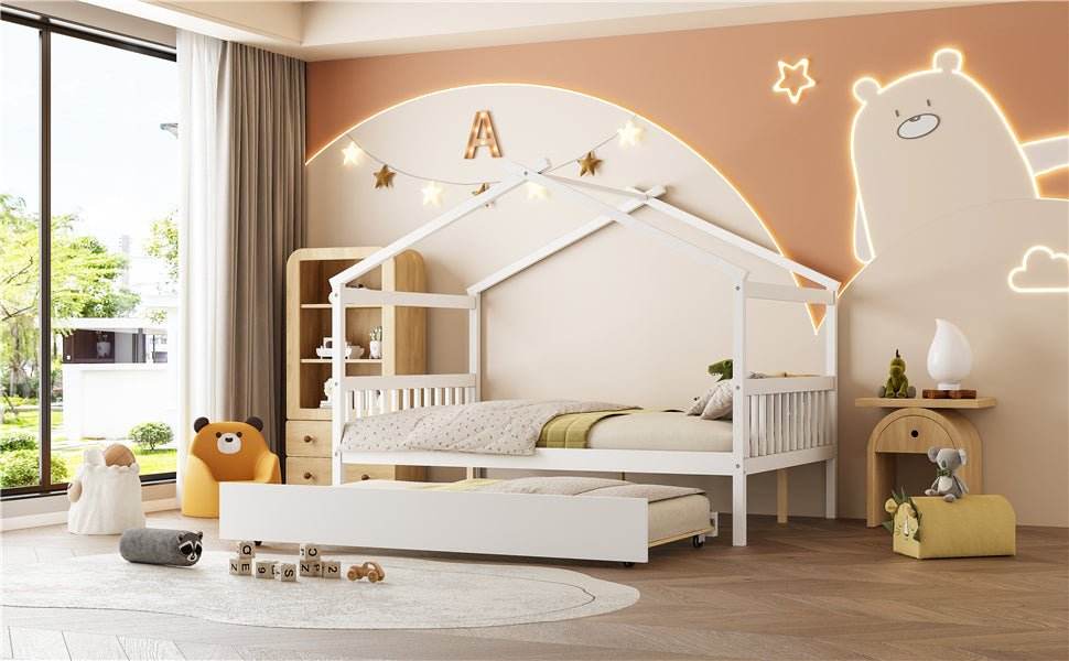 Full Size Solid Wood House Bed With Twin Trundle - Sleep Galleria