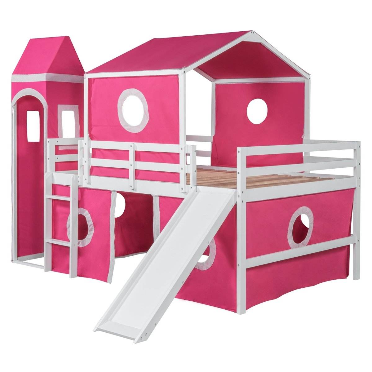 Full Solid Wood Castle Loft Bed With Slide Tower - Sleep Galleria