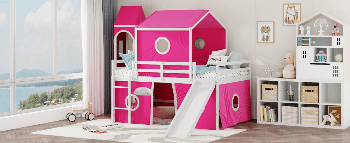 Full Solid Wood Castle Loft Bed With Slide Tower - Sleep Galleria