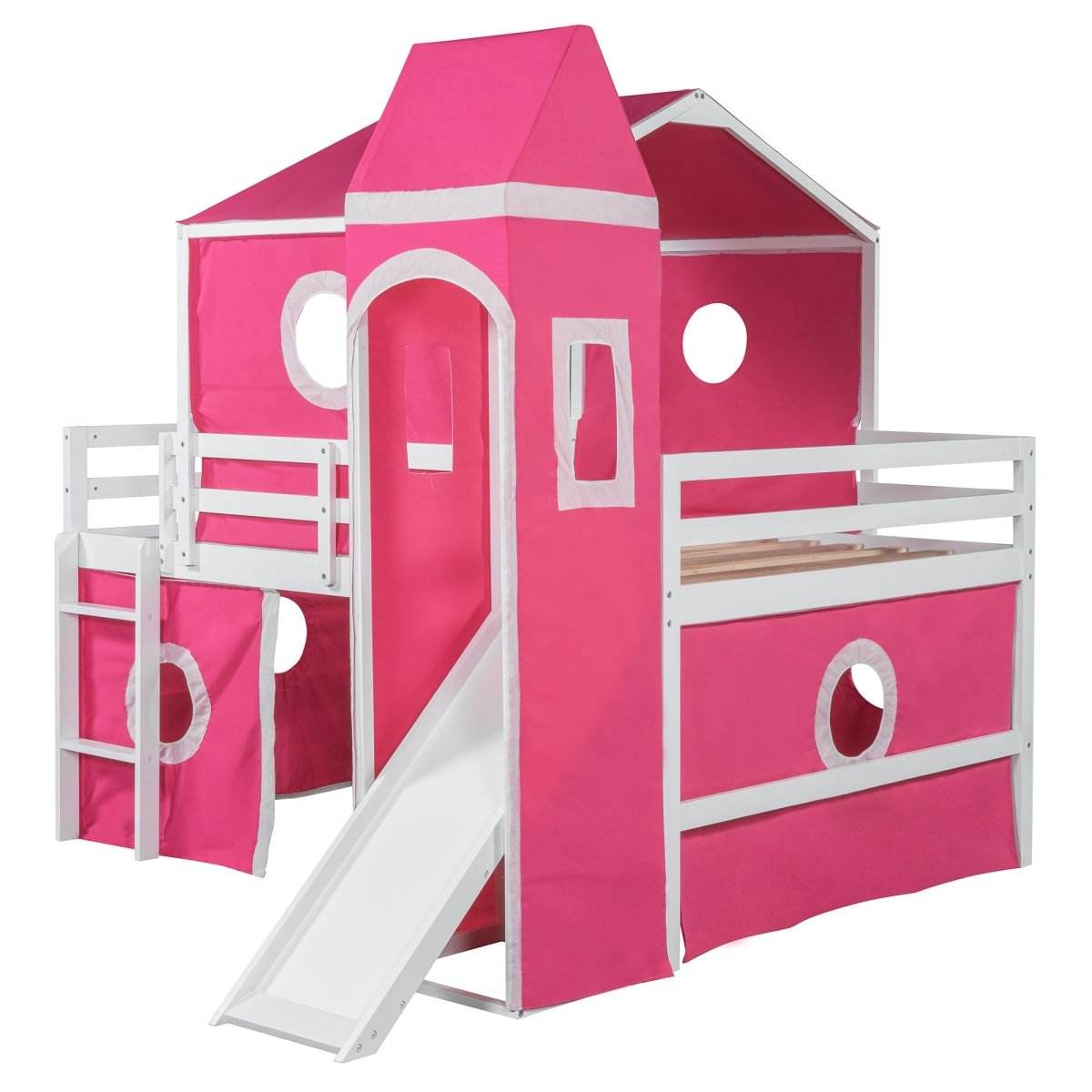 Full Solid Wood Castle Loft Bed With Slide Tower - Sleep Galleria