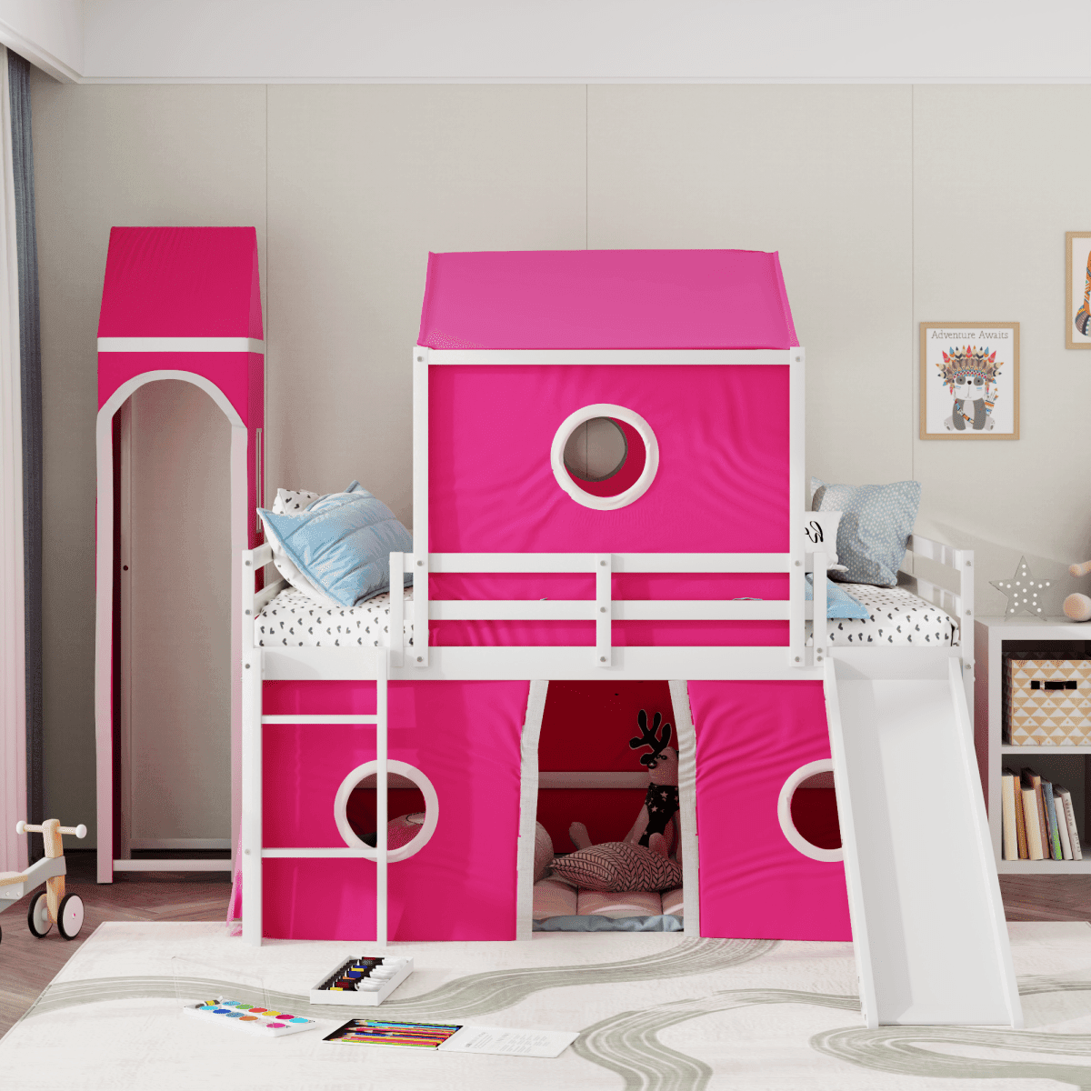 Full Solid Wood Castle Loft Bed With Slide Tower - Sleep Galleria