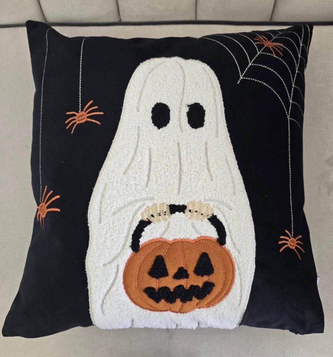 Halloween Embroidered Ghost Pumpkin Bucket Throw Pillow - Dreamtide - Omega Lifestyles