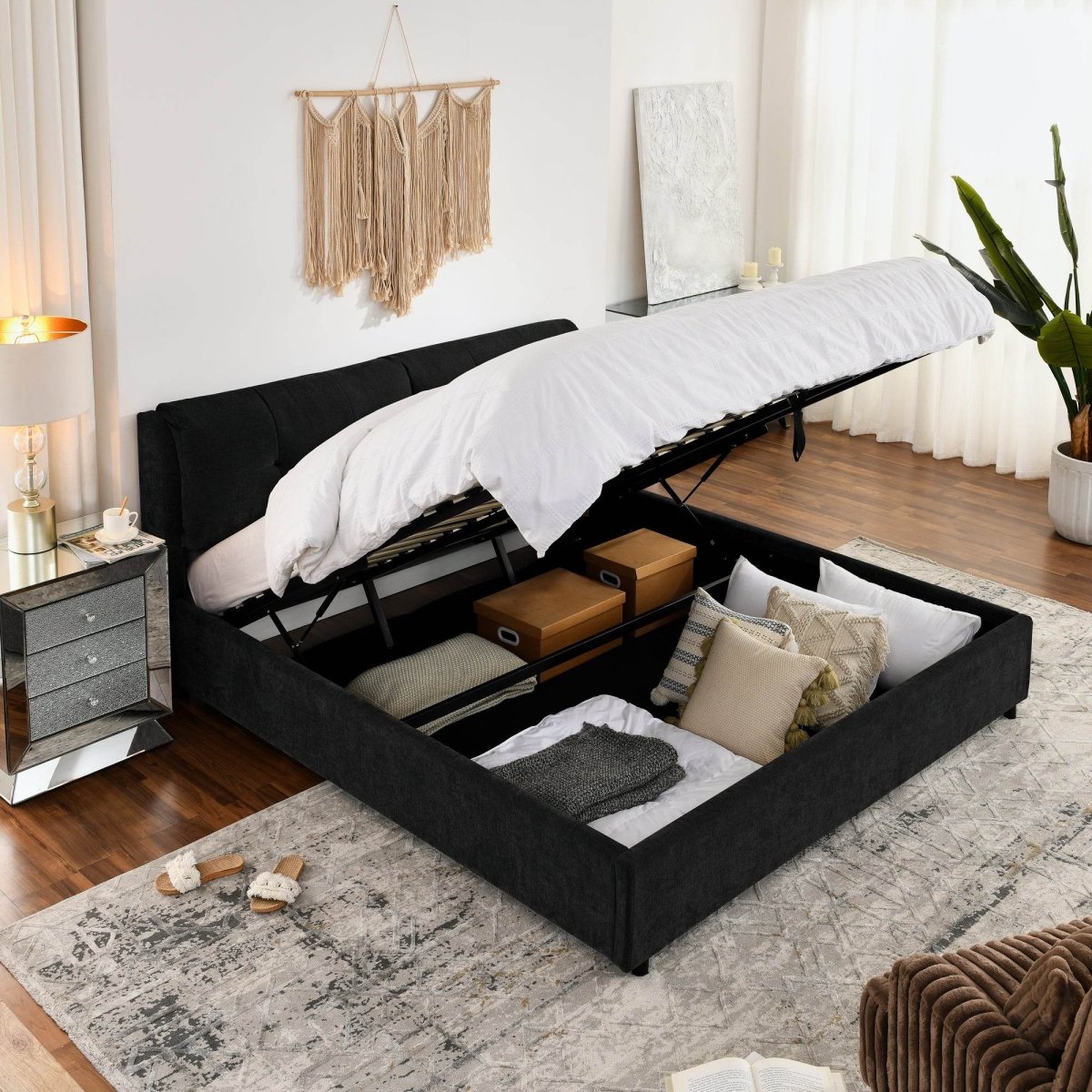 King Chenille Upholstered Hydraulic Storage Platform Bed Frame - Dreamtide - Omega Lifestyles
