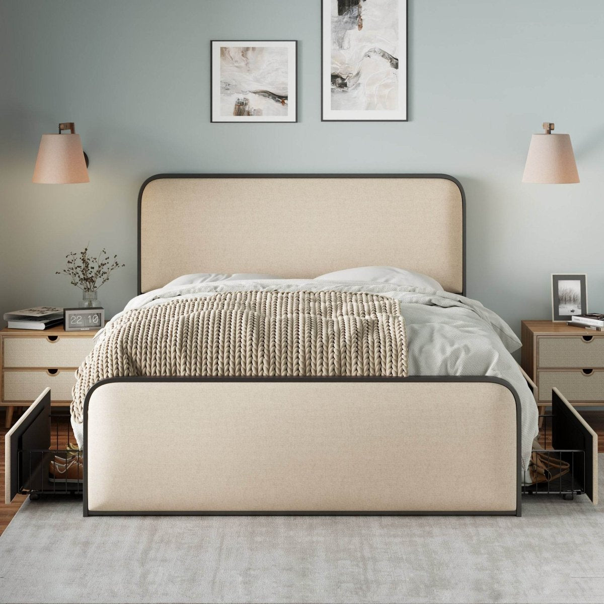 King Modern Metal Upholstered Bed Frame With Storage Drawers - Dreamtide - Omega Lifestyles