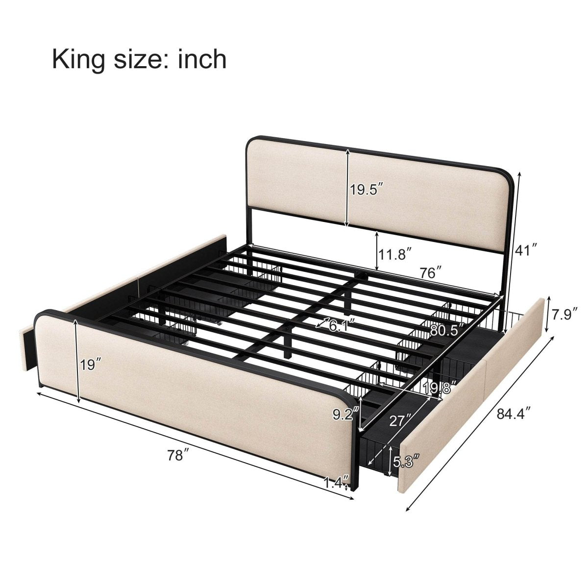 King Modern Metal Upholstered Bed Frame With Storage Drawers - Dreamtide - Omega Lifestyles