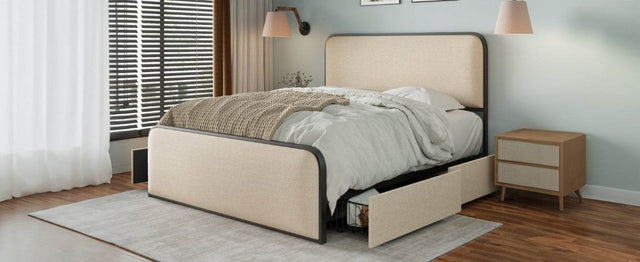 King Modern Metal Upholstered Bed Frame With Storage Drawers - Omega Lifestyles