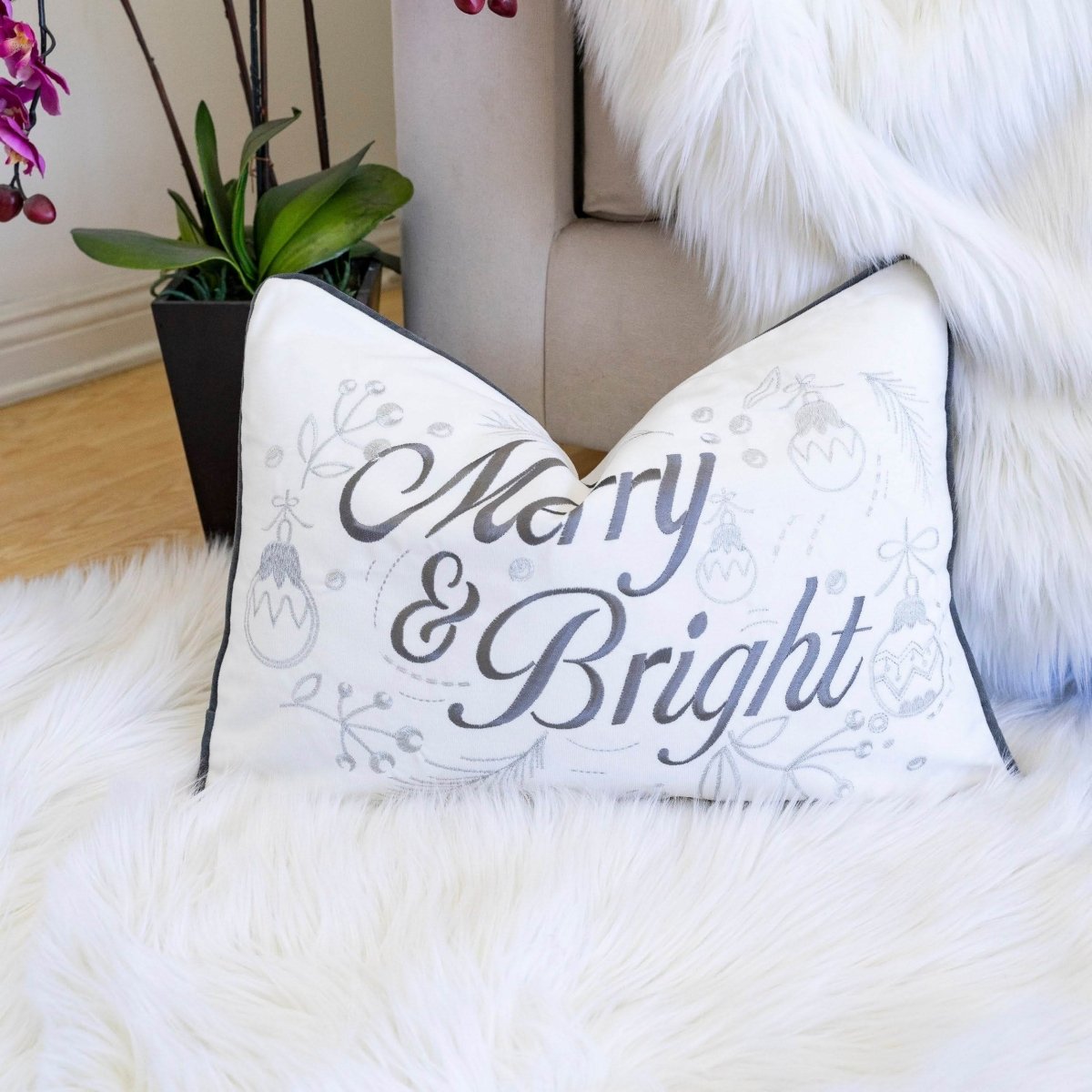 Merry Bright Embroidered Velvet Christmas Throw Pillow - Dreamtide - Omega Lifestyles