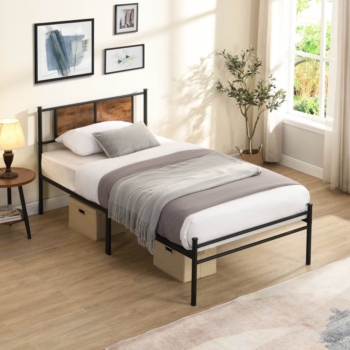 Metal Twin Size Bed Frame With Wood Panel Headboard - Sleep Galleria