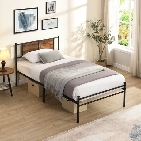 Metal Twin Size Bed Frame With Wood Panel Headboard - Sleep Galleria