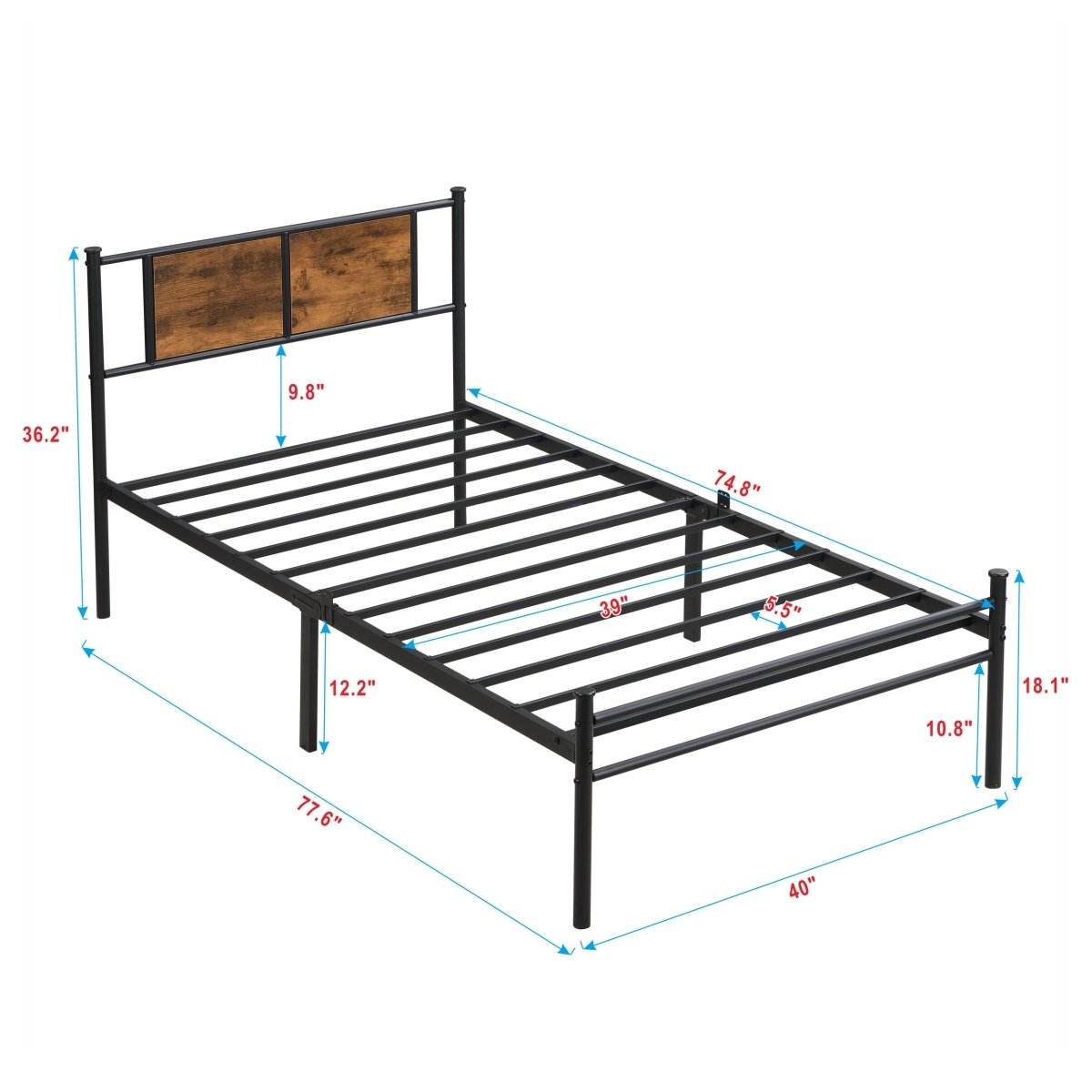Metal Twin Size Bed Frame With Wood Panel Headboard - Sleep Galleria