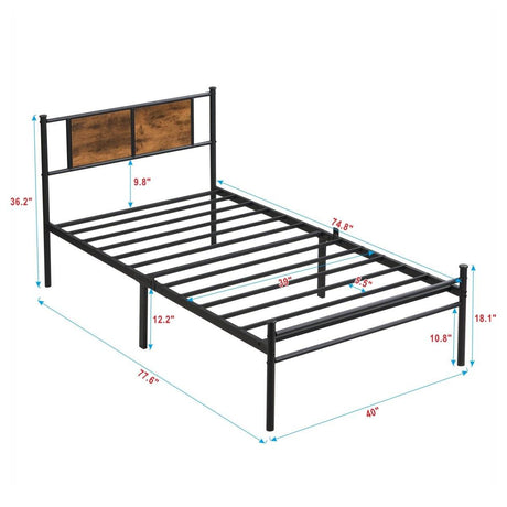 Metal Twin Size Bed Frame With Wood Panel Headboard - Sleep Galleria