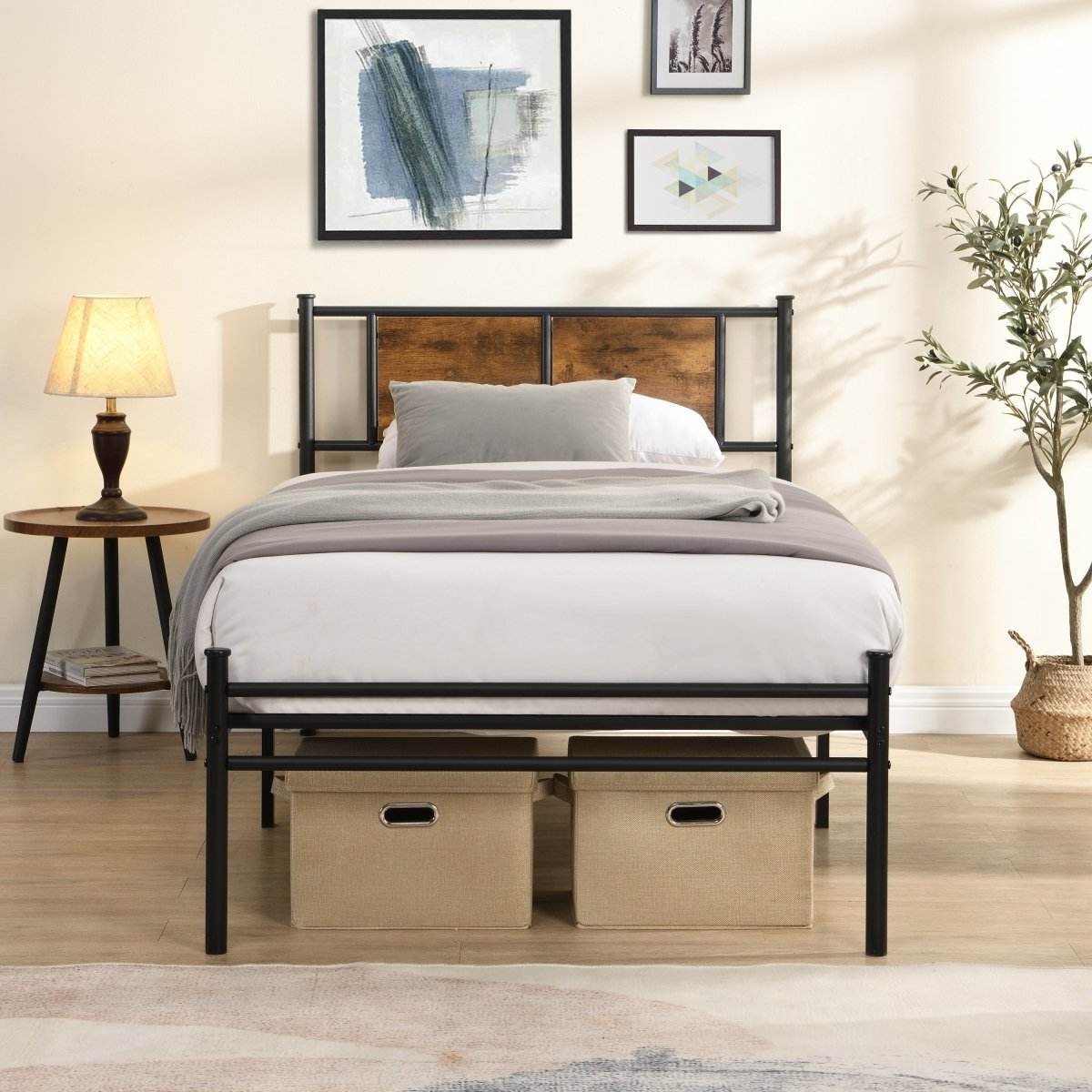 Metal Twin Size Bed Frame With Wood Panel Headboard - Sleep Galleria
