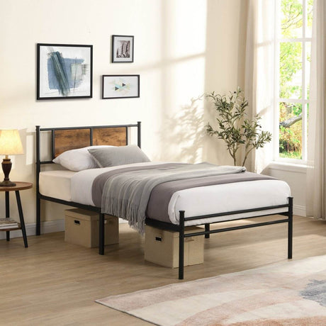 Metal Twin Size Bed Frame With Wood Panel Headboard - Sleep Galleria
