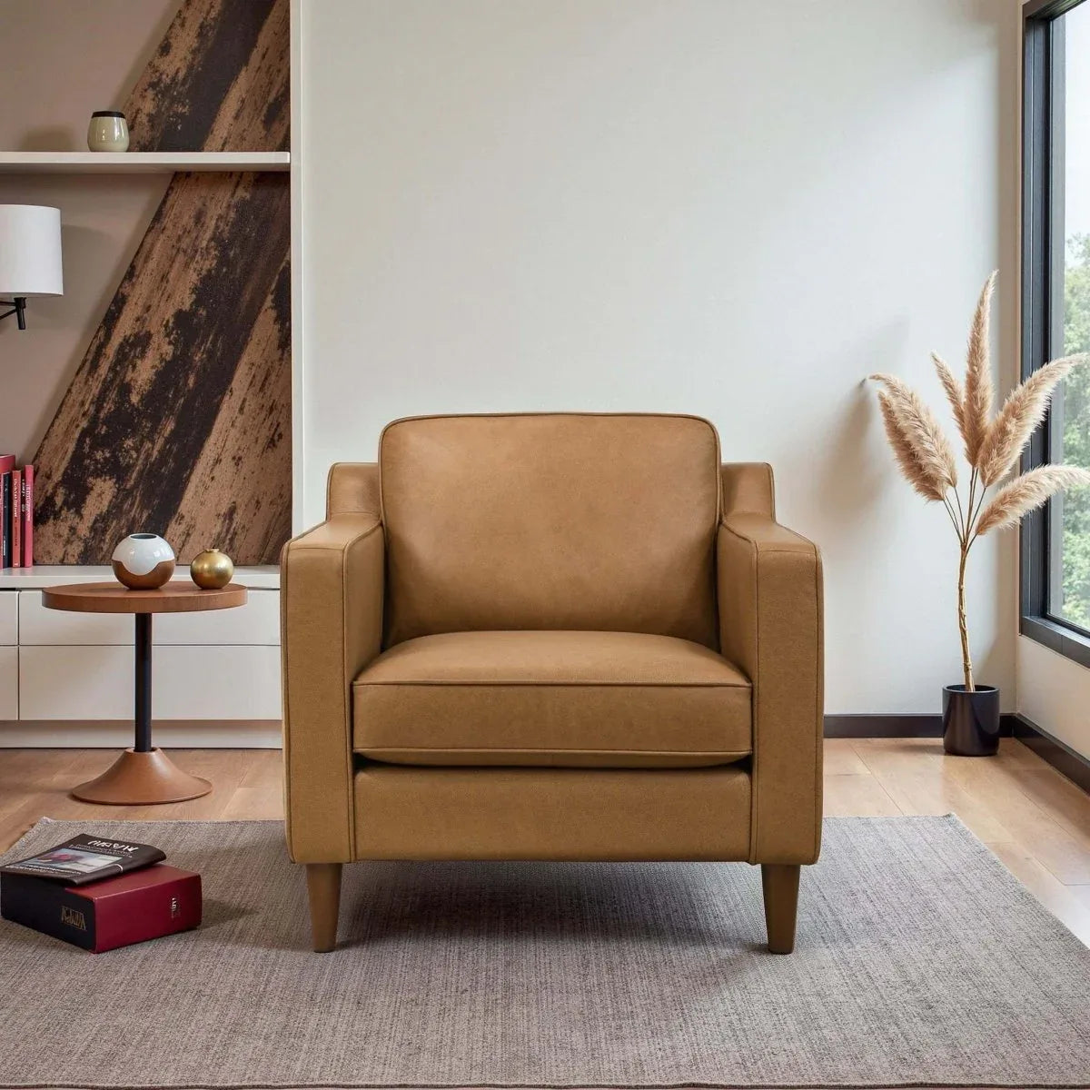 Mid-Century Modern Tan Genuine Leather Lounge Chair - Omega Lifestyles
