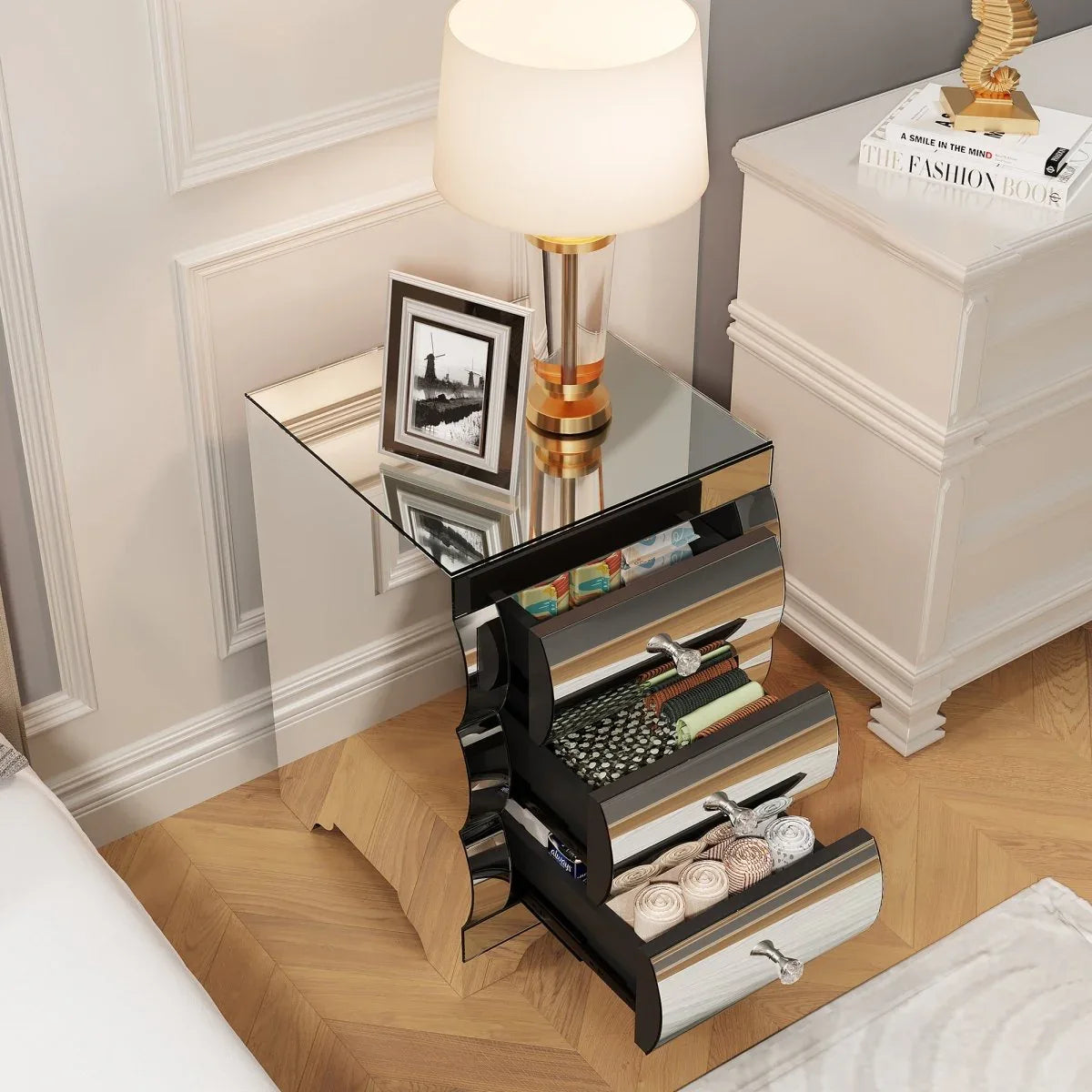 Mirrored Luxury Modern 3-Drawer Bedside Cabinet - Omega Lifestyles