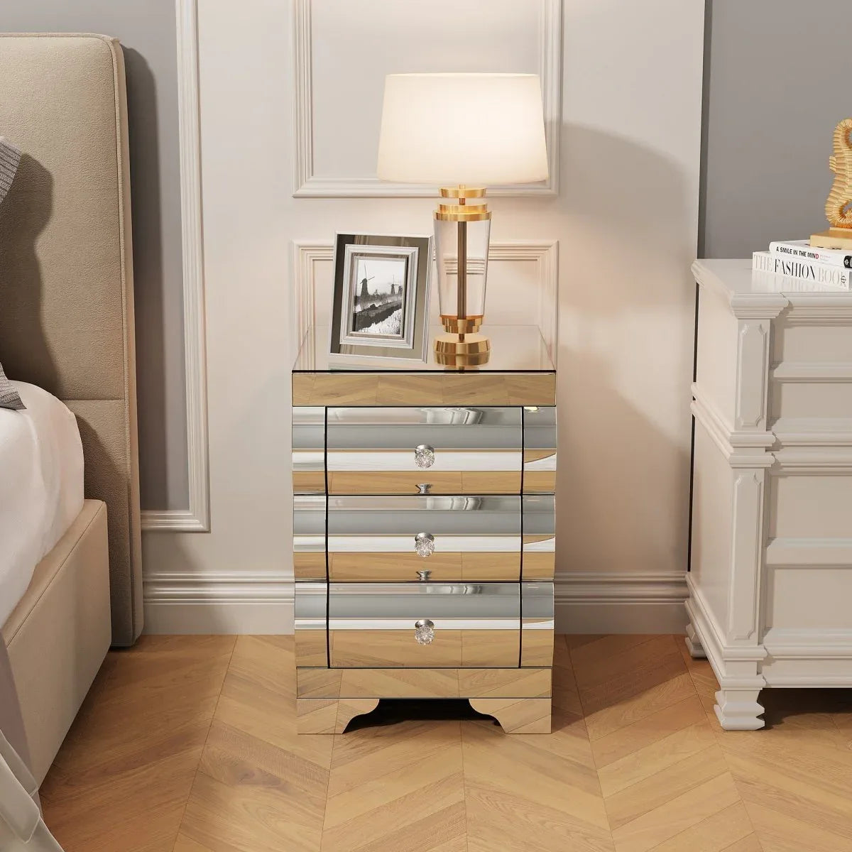 Mirrored Luxury Modern 3-Drawer Bedside Cabinet - Omega Lifestyles