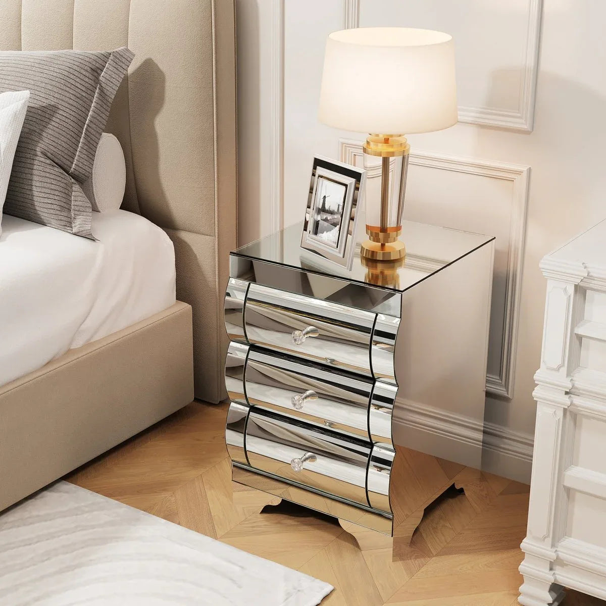 Mirrored Luxury Modern 3-Drawer Bedside Cabinet - Omega Lifestyles