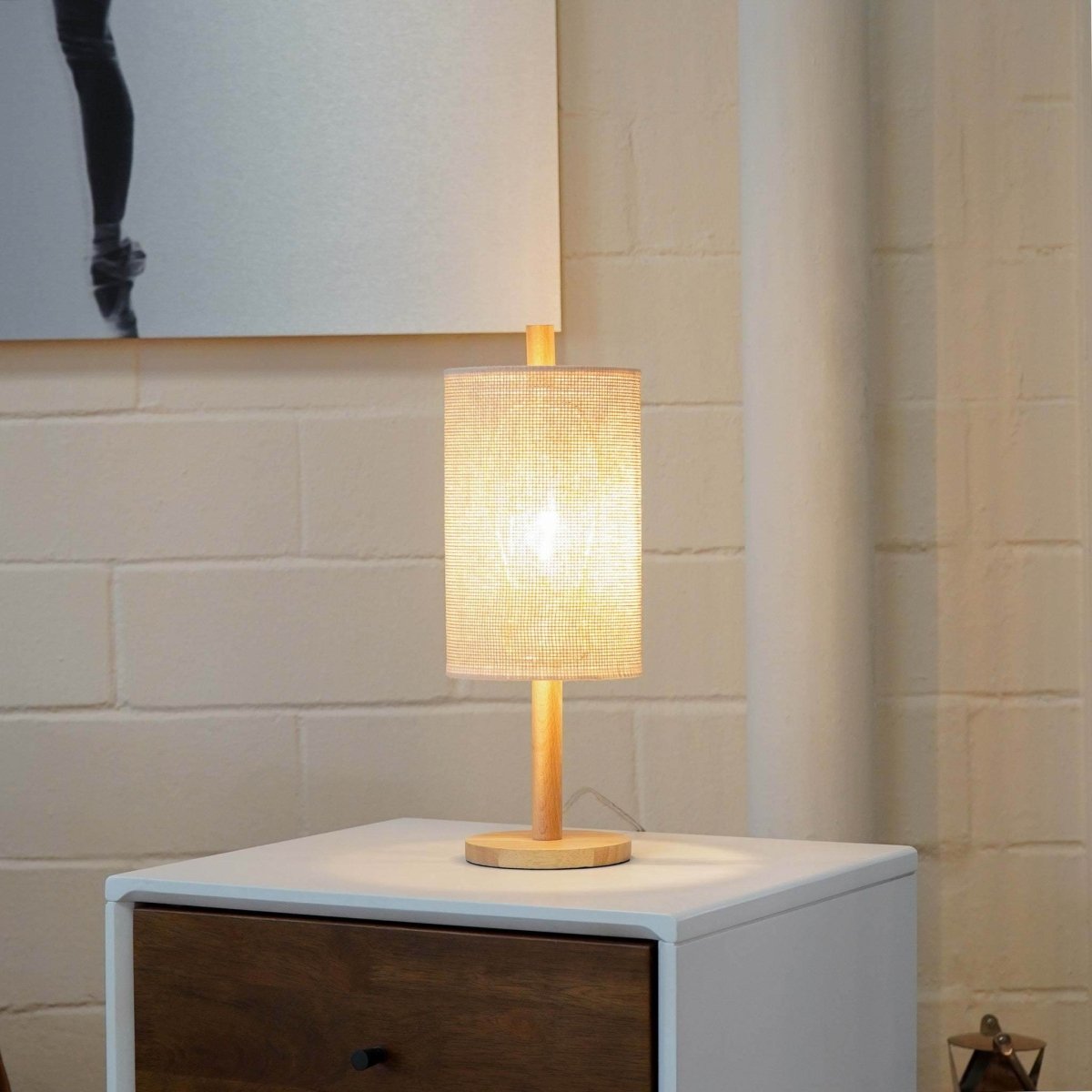 Modern Oak Wood Table Lamp With Paper Rattan Shade - Sleep Galleria