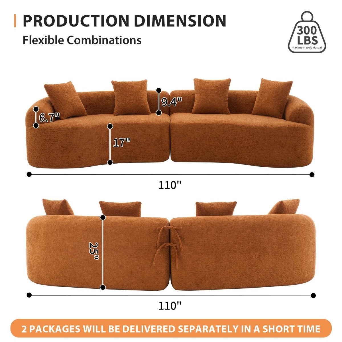 Orange Curved Foam Spring 4 - Seat Modular Sofa - Dreamtide - Omega Lifestyles