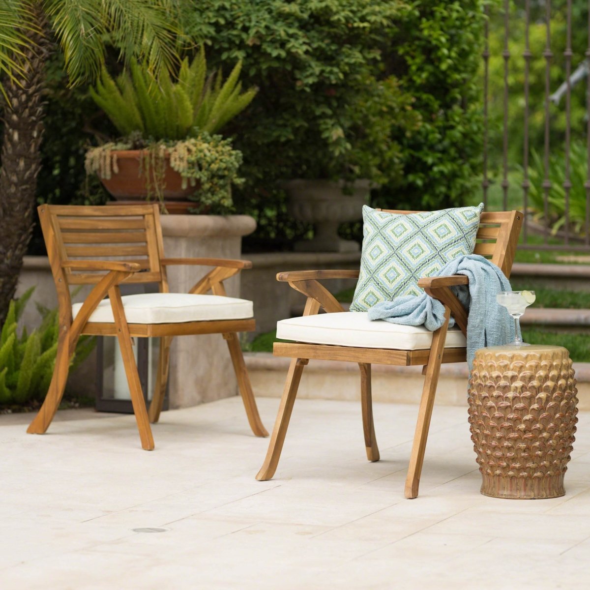Pair Of Acacia Wood Outdoor Dining Armchairs With Cushions - Dreamtide - Omega Lifestyles