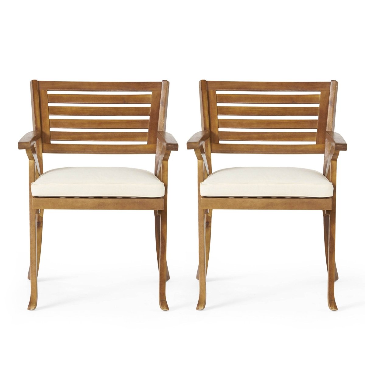 Pair Of Acacia Wood Outdoor Dining Armchairs With Cushions - Dreamtide - Omega Lifestyles