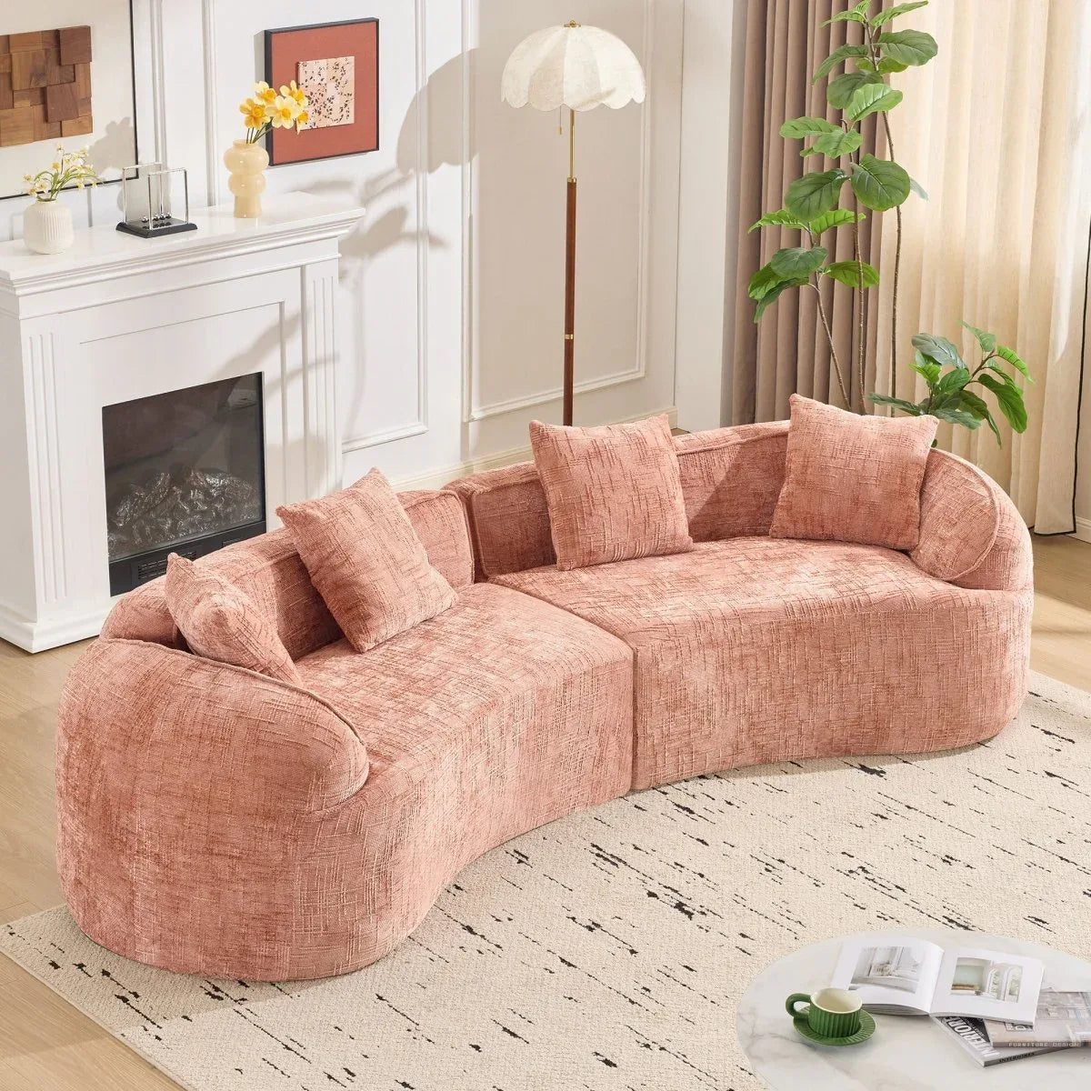 Pink Curved Medium-Soft Chenille 4-Seat Sofa - Omega Lifestyles