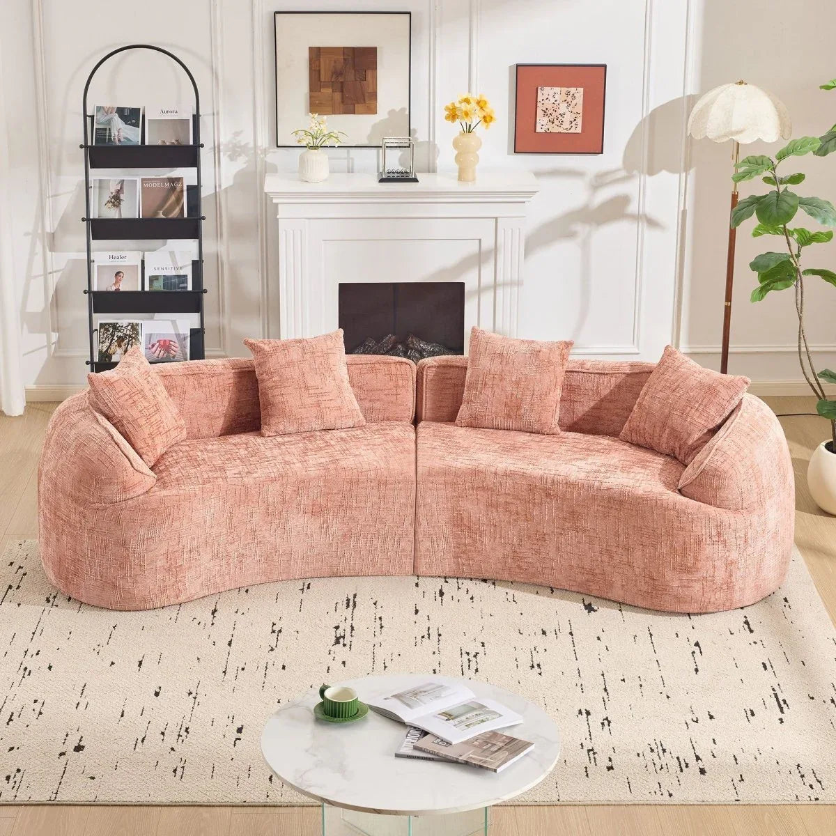 Pink Curved Medium-Soft Chenille 4-Seat Sofa - Omega Lifestyles