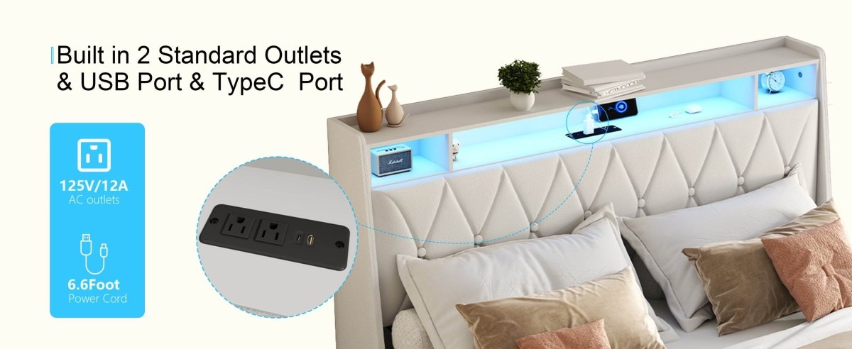 Queen Metal Platform Bed Frame With Ergonomic Headboard And Outlets - Dreamtide - Omega Lifestyles