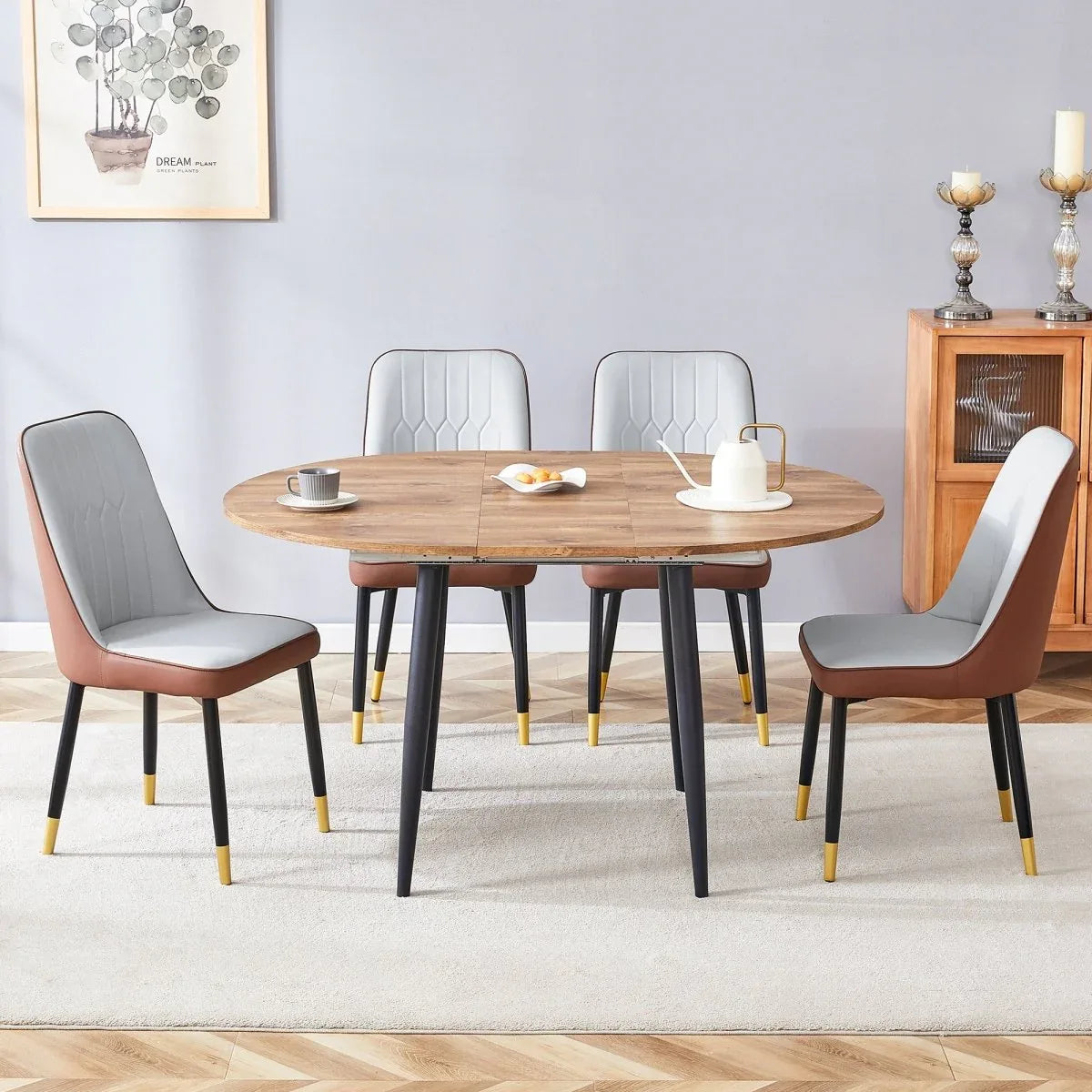 Round Extendable MDF Dining Table With Four PU Chairs - Omega Lifestyles
